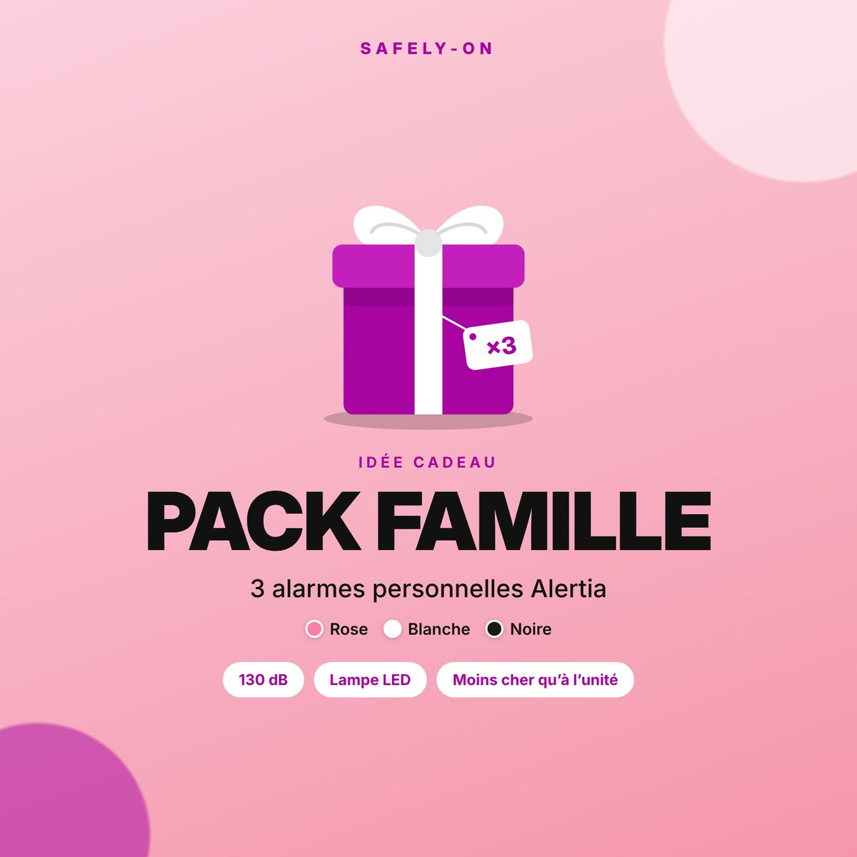 Pack Famille Safely-On : 3 alarmes personnelles Alertia 130 dB, idée cadeau